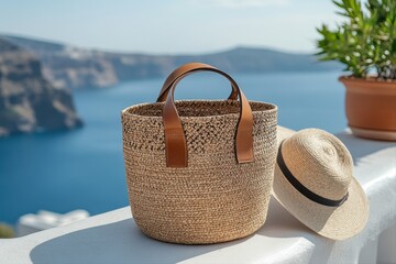 Beach essential straw bag and hat santorini lifestyle photography coastal scenic view