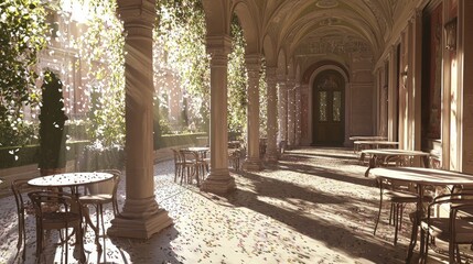 Serene Open Air Cafe Beneath Elegant Arches and Lush Greenery