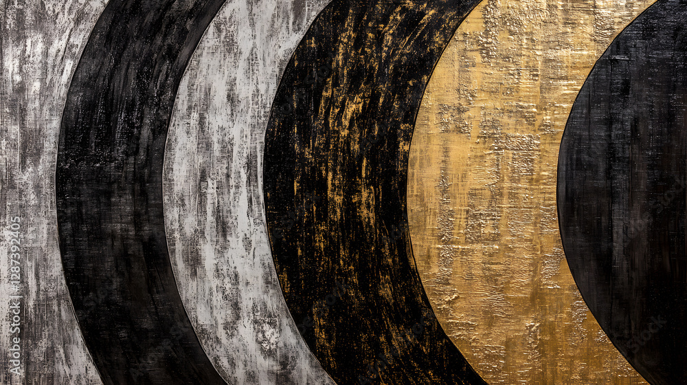 Poster painting of a black and gold circle on a textured background with abstract design elements