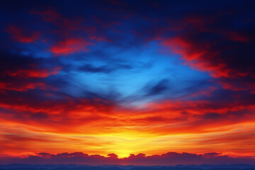 A stunning sunset scene with vivid red, orange, and deep blue clouds swirling above a dark mountain silhouette