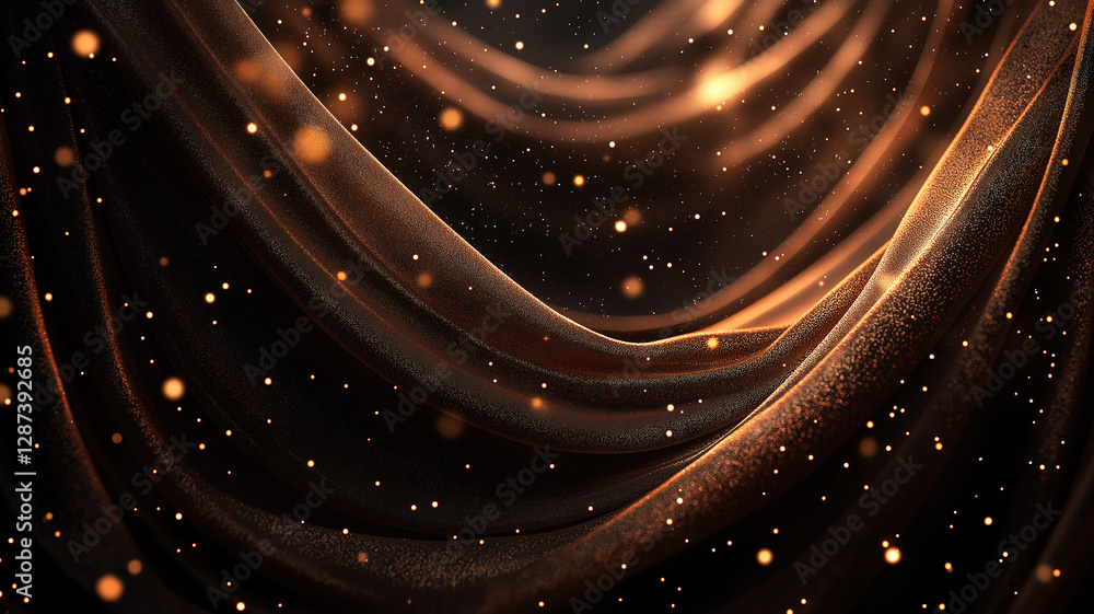 Poster a digital signature illuminated by golden particle light lines over a deep, dark brown background