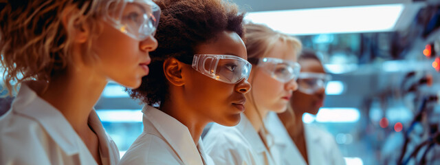 Diverse women scientists collaborating on holographic interface in modern research facility