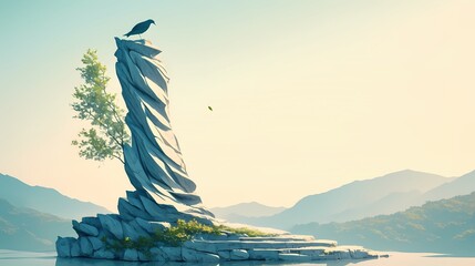 Serene landscape: A solitary bird perches atop a unique rock formation, overlooking a tranquil lake nestled amidst soft, pastel mountains.
