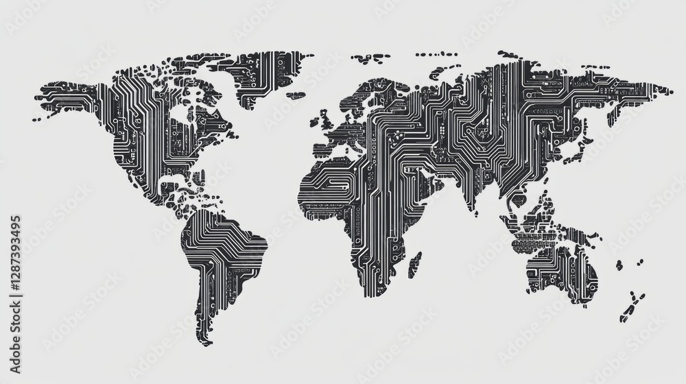 Poster futuristic global network background featuring a digital world map with glowing connections, high-te
