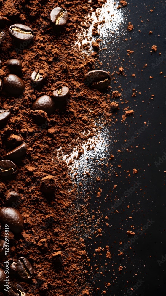 Poster aromatic coffee beans and ground coffee create a textured pattern on a dark surface for a rich and i