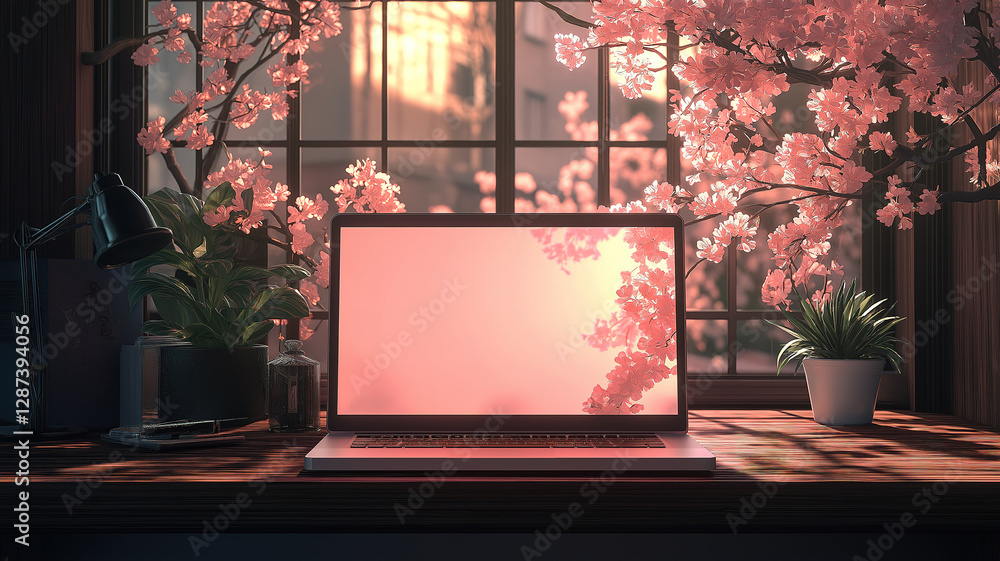 Poster a laptop with a blank display positioned on a wooden table in a bright and minimal office space