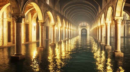 Serene Arched Colonnade Over Glimmering Water Reflection