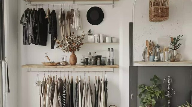 Minimalist boho-style wardrobe and kitchen shelf with neutral tones and natural decor  
