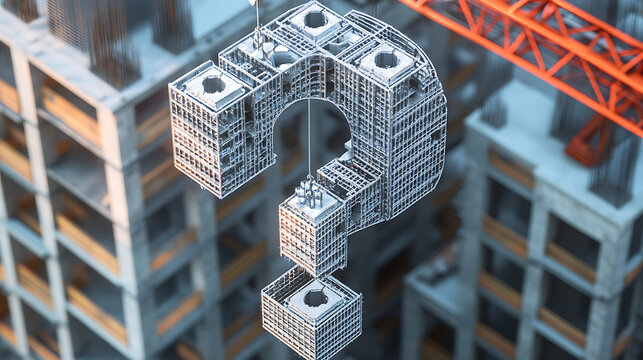 Isometric Construction Site with a Pixelated Question Mark Symbol and Orange Crane on a Modern Building