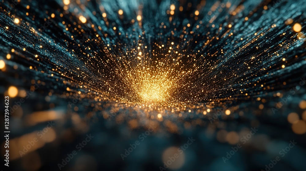 Poster abstract burst of light with glowing particles on dark background