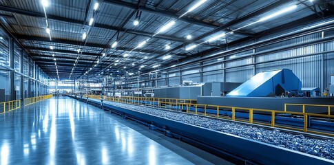 Fototapeta premium Modern Factory Interior with Conveyor Belt and Industrial Machinery