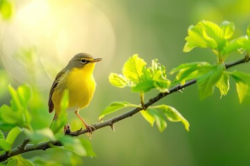 Vertical Selective Focus Shot of Common Yellowthroat Warbler Perched on a Branch