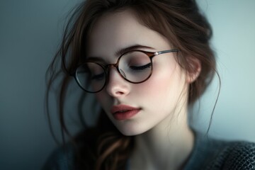 Fototapeta premium A woman wearing glasses with eyes closed resting her head