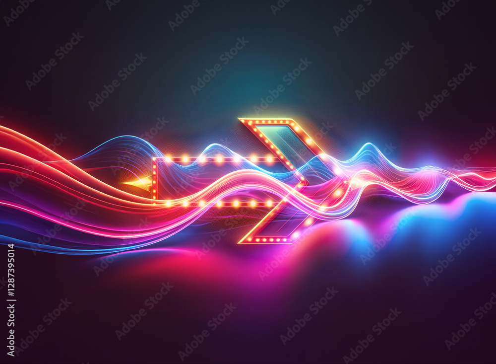 Poster glowing arrow with double exposure effect. vibrant light streaks in red, blue and purple flow around
