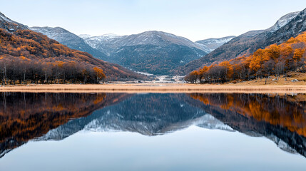 Obraz premium Autumn lake reflection in mountain valley