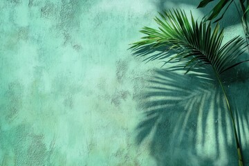 Teal wall with palm leaf shadow, tropical interior design