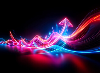Double exposure effect of a glowing arrow with dynamic light streaks, rising upwards against a black backdrop with reflections.