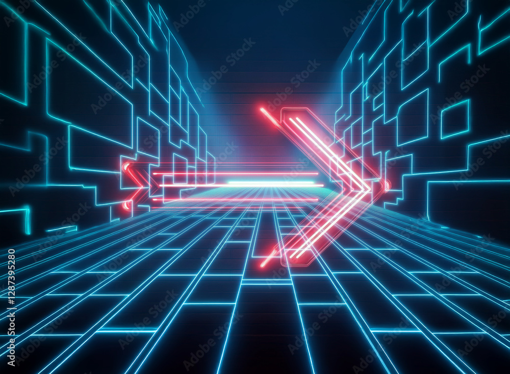Poster futuristic neon grid with vibrant red arrow creates a dynamic double exposure effect. digital and ab