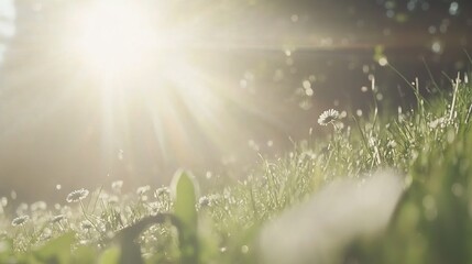 Obraz premium Sunbeams through meadow; dandelion seeds, forest background; nature backdrop