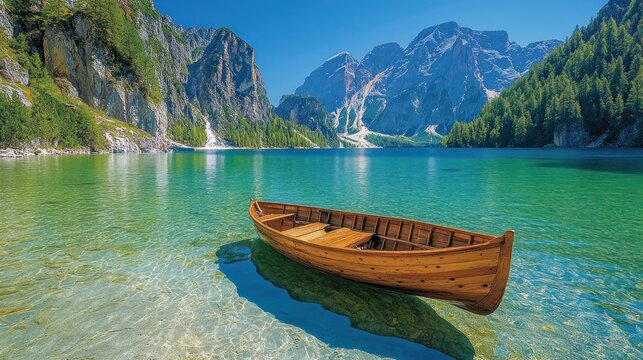 Wooden boat on pristine alpine lake