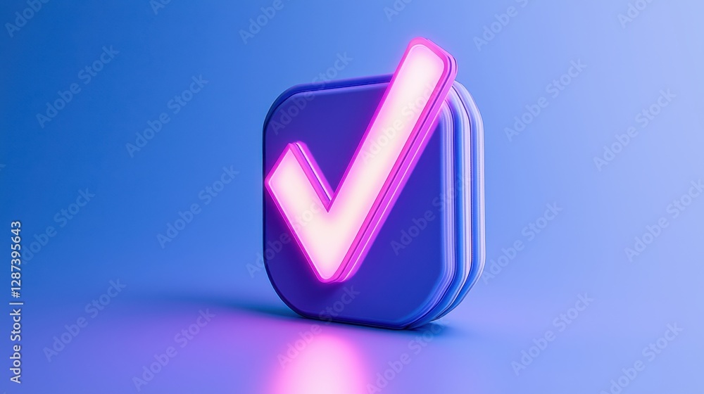 Poster decisions logic execution concept. neon checkmark on blue background