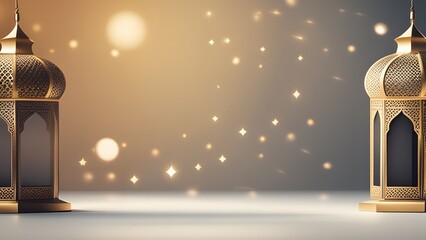 Ramadan Kareem Islamic greeting card background with elegant Arabic calligraphy and lanterns.