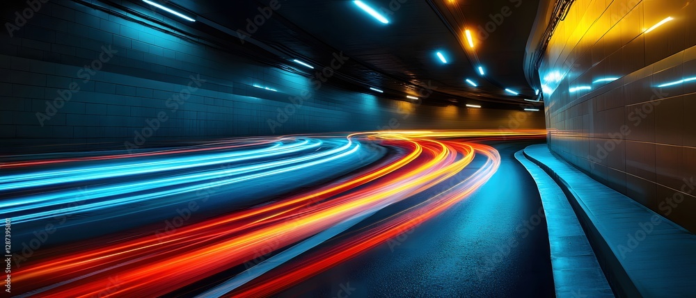 Poster dynamic light trails in urban tunnel capturing speed and motion with long exposure technique and viv