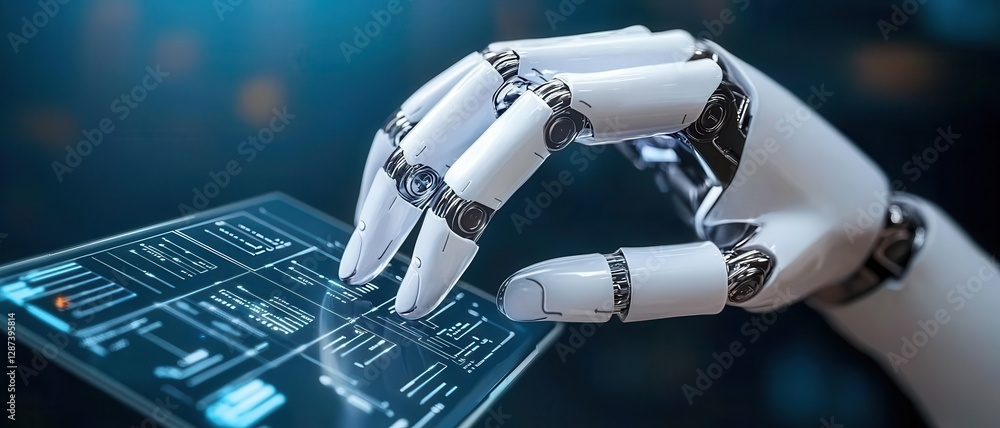 Poster decisions logic execution concept. robotic hand interacting with a digital interface