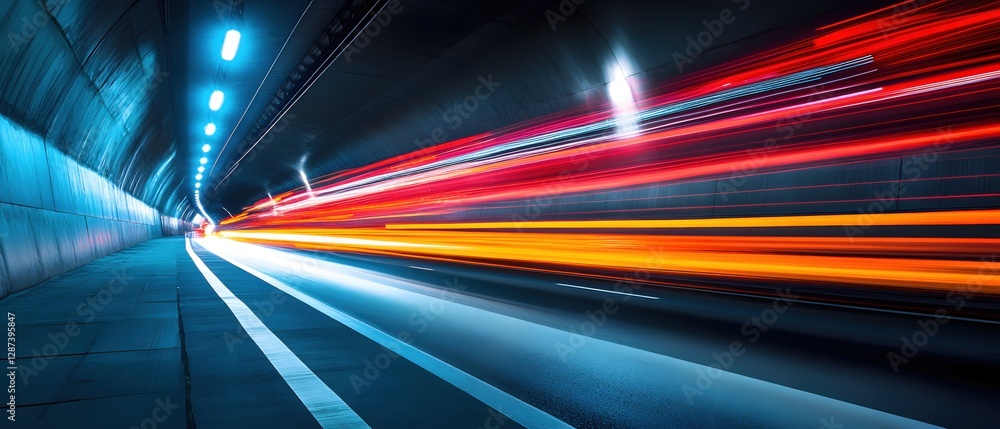 Poster dynamic motion in tunnel with light trails capturing speed and energy in urban infrastructure perspe