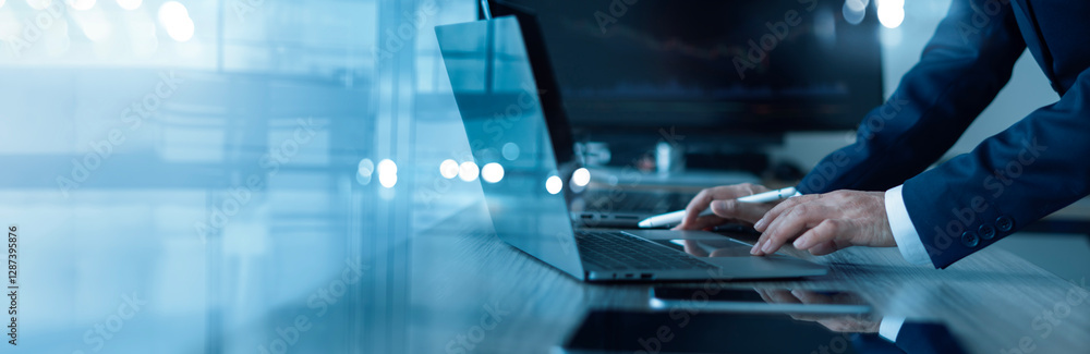 Poster business technology, data science and digital marketing, businessman using laptop with analysis data