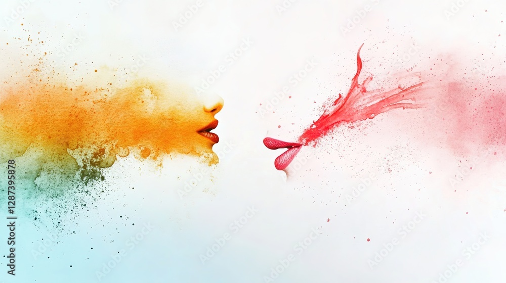 Poster abstract concept of connection between two human faces with color