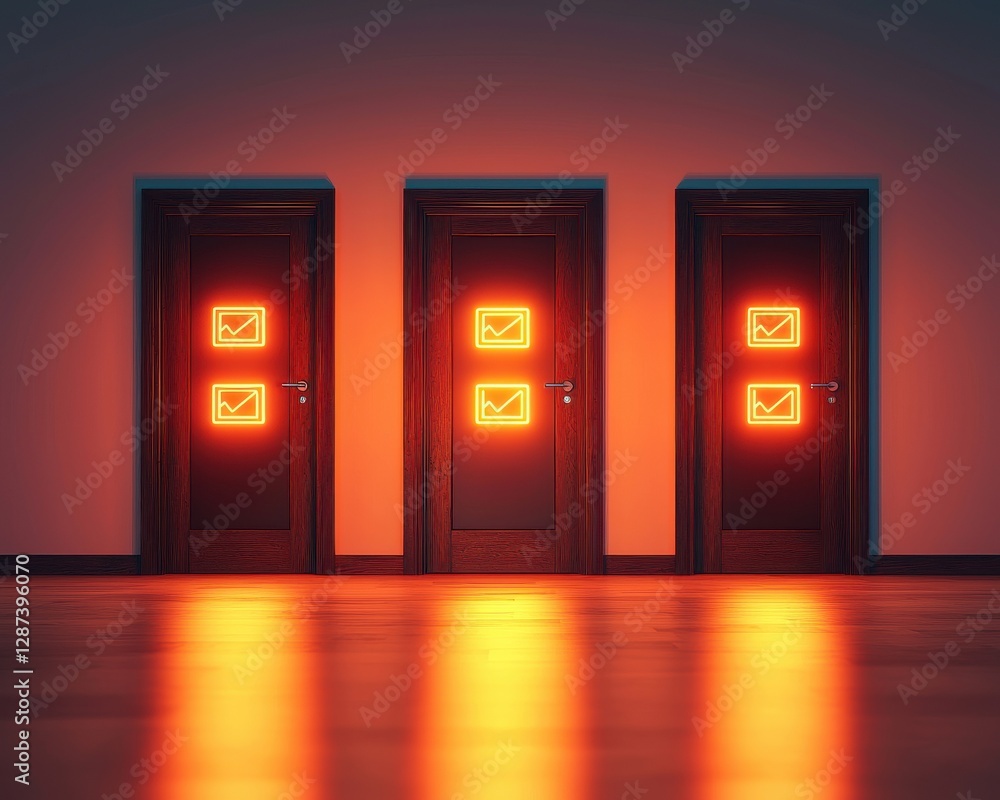 Poster decisions logic execution concept. three illuminated doors with email symbols