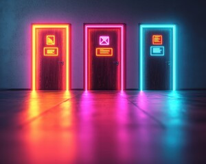 decisions logic execution concept. Neon-lit doors with colorful reflections