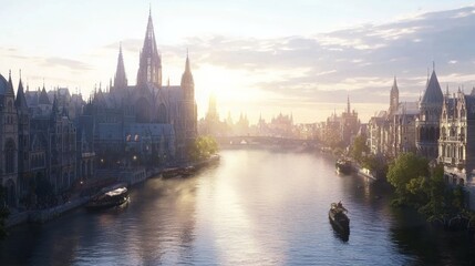 Fototapeta premium Scenic Vantage Point Over Winding River at Sunrise in Cityscape