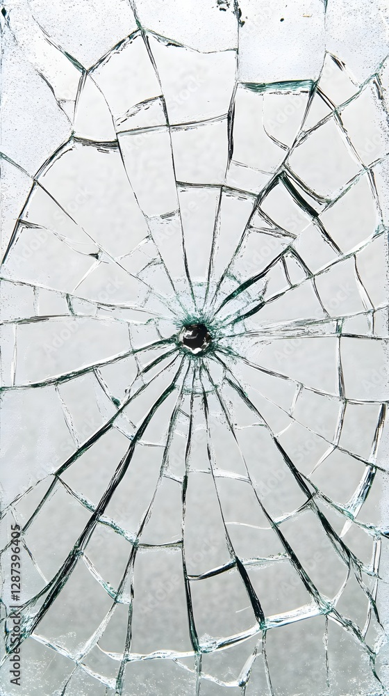 Poster shattered glass with a central hole creating a radial pattern against a blurred background showcasin