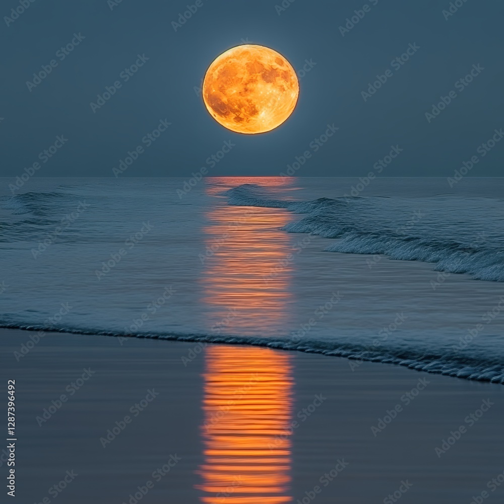 Poster ethereal lunar reflection shimmering on tranquil ocean waves at twilight casting a serene and captiv