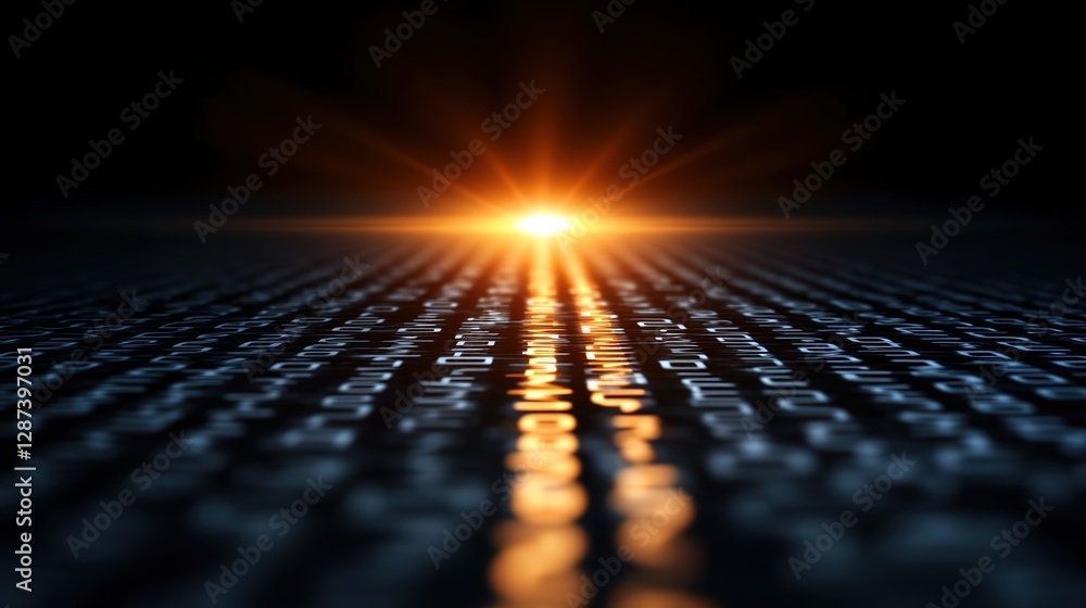 Poster glowing horizon over rows of digital code in dark environment