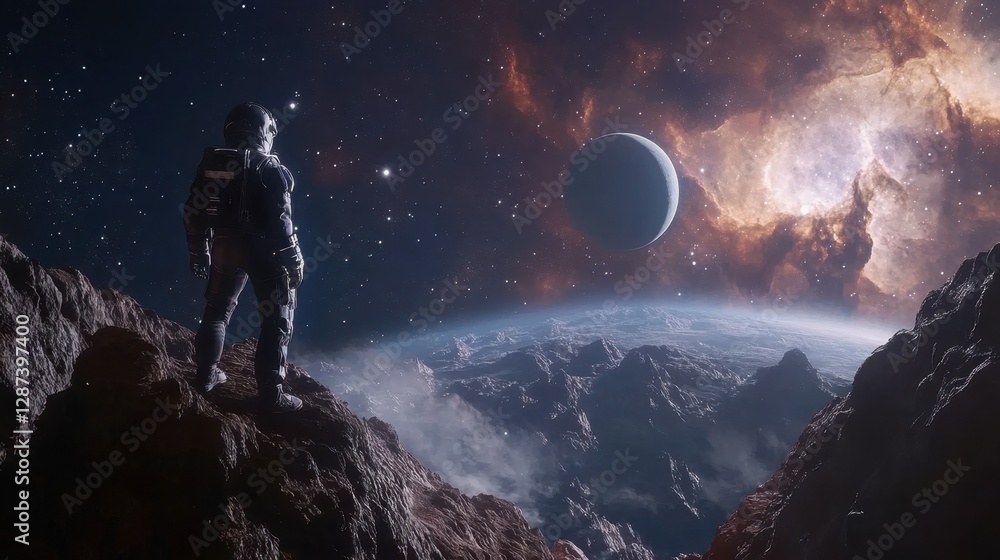 Poster lone spaceman on a rocky edge, looking into a mesmerizing starry void with planets and nebulae in th