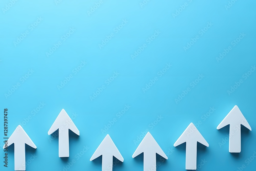 Poster ascending arrows on azure backdrop symbolizing growth progress and directional movement in a minimal