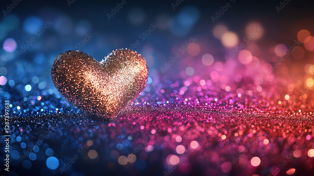 Poster a colorful heart shaped glitter background with gradient effect and space for text placement