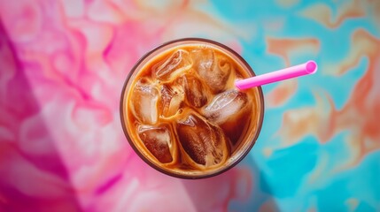 Fototapeta premium Iced coffee with a pink straw on colorful abstract background, top view. Refreshing summer beverage concept