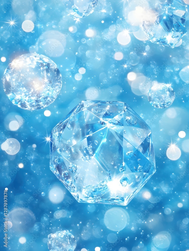Poster captivating crystal spheres and polygon floating amidst a serene blue bokeh background creating a ma