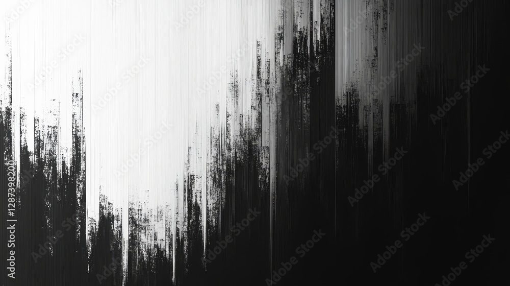 Poster abstract 8-bit monochromatic digital noise pattern in pixelated design, featuring distorted visual e