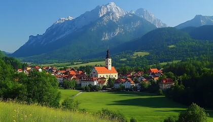 Fototapeta premium Alpine Village Church Mountain View