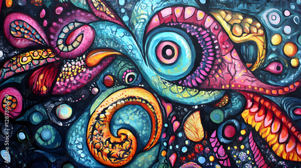 Poster Painting of a vibrant multicolored bird with various bright colors and patterns