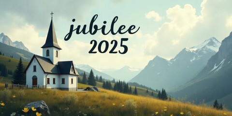 Jubilee 2025 Christian, church in a landscape with text jubilee 2025, Catholic Church jubilee 2025