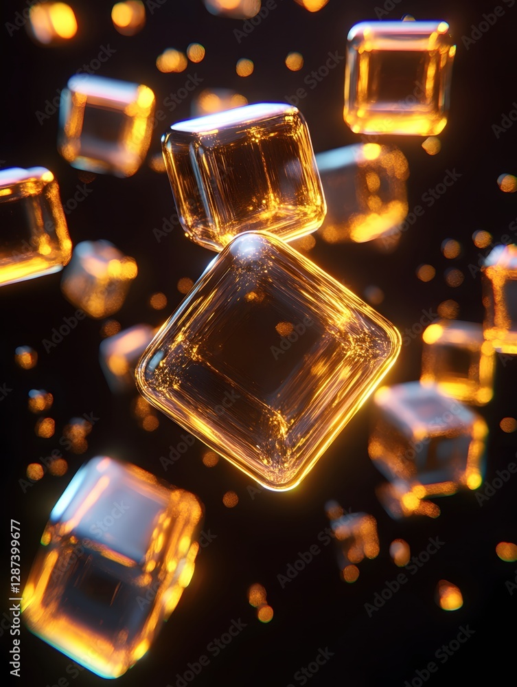 Poster golden cubes floating in dark space with bokeh lights creating a futuristic and dreamy atmosphere fo