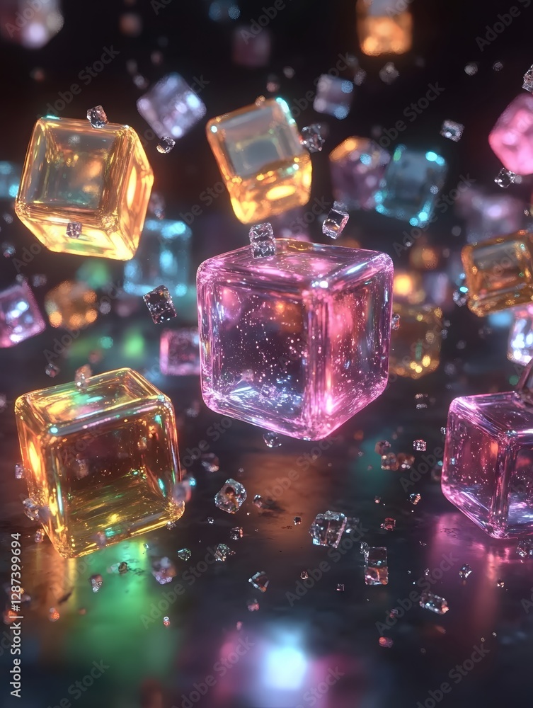 Poster abstract vibrant cubes floating in dark space creating a modern and futuristic scene with colorful r