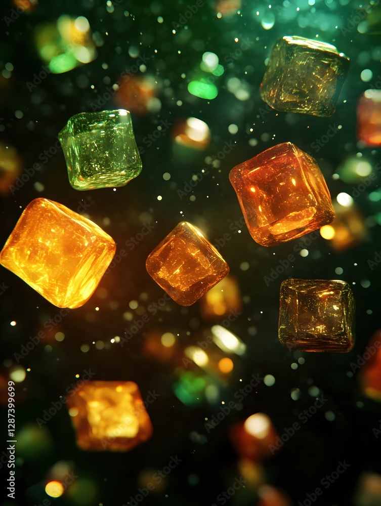Poster abstract amber cubes floating in a dark space with bokeh light creating a mystical and magical atmos