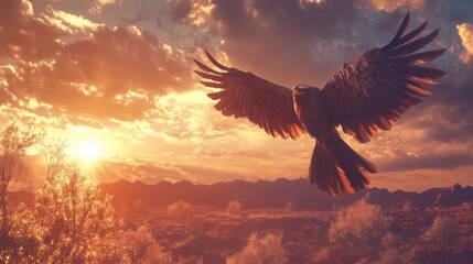 The eagle soars in the golden sunset